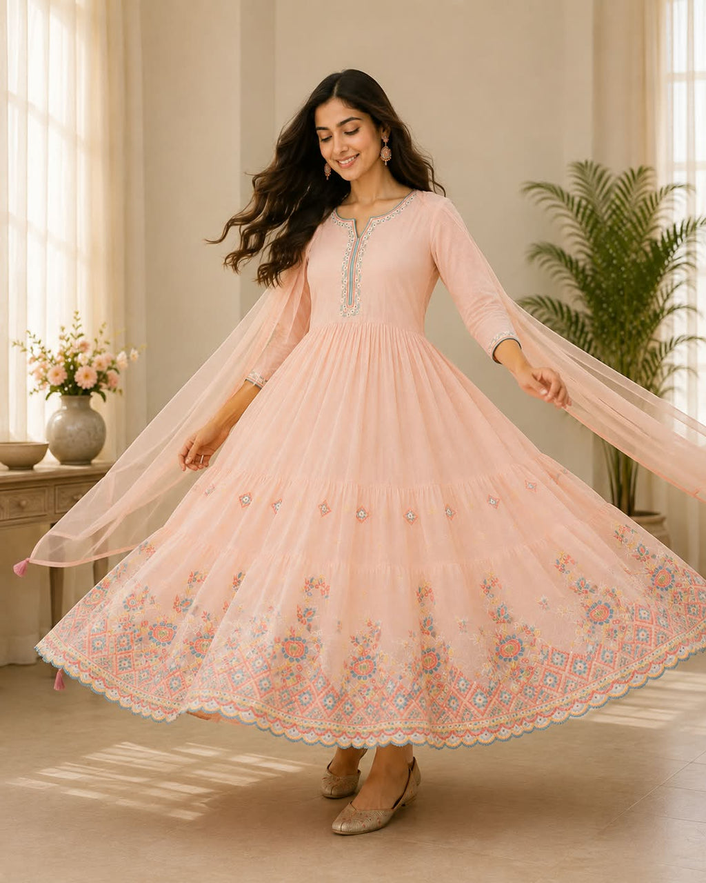 Peach Cotton Mul Anarkali 3-Piece Suit with Printed Border & Dupatta