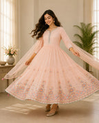Peach Cotton Mul Anarkali 3-Piece Suit with Printed Border & Dupatta