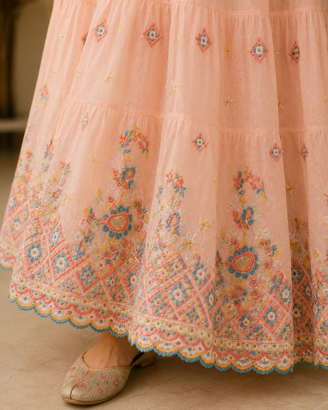 Peach Cotton Mul Anarkali 3-Piece Suit with Printed Border & Dupatta