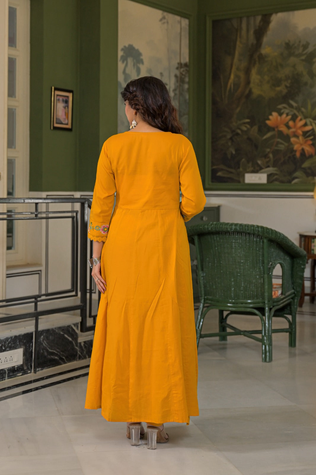 Premium Cotton Mustard Yellow Embroidered Anarkali Suit Set