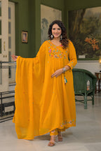 Premium Cotton Mustard Yellow Embroidered Anarkali Suit Set