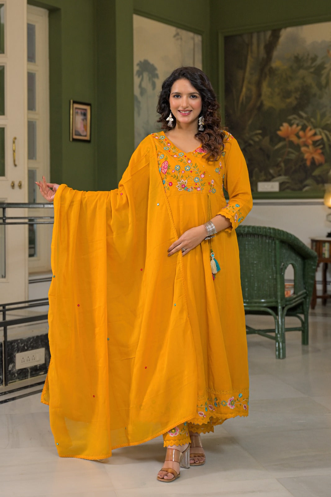 Premium Cotton Mustard Yellow Embroidered Anarkali Suit Set