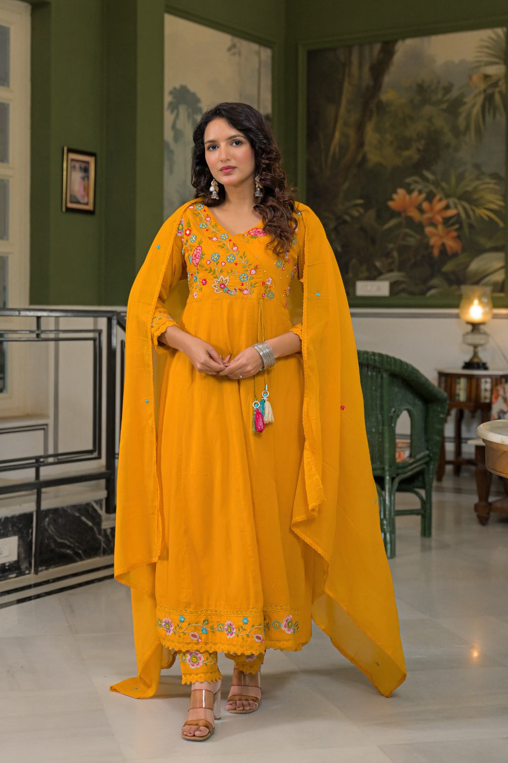 Premium Cotton Mustard Yellow Embroidered Anarkali Suit Set
