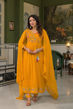 Premium Cotton Mustard Yellow Embroidered Anarkali Suit Set
