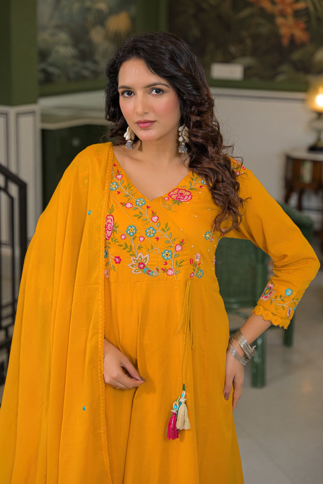 Premium Cotton Mustard Yellow Embroidered Anarkali Suit Set