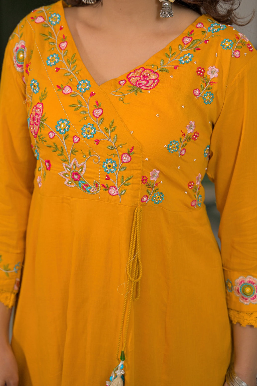 Premium Cotton Mustard Yellow Embroidered Anarkali Suit Set