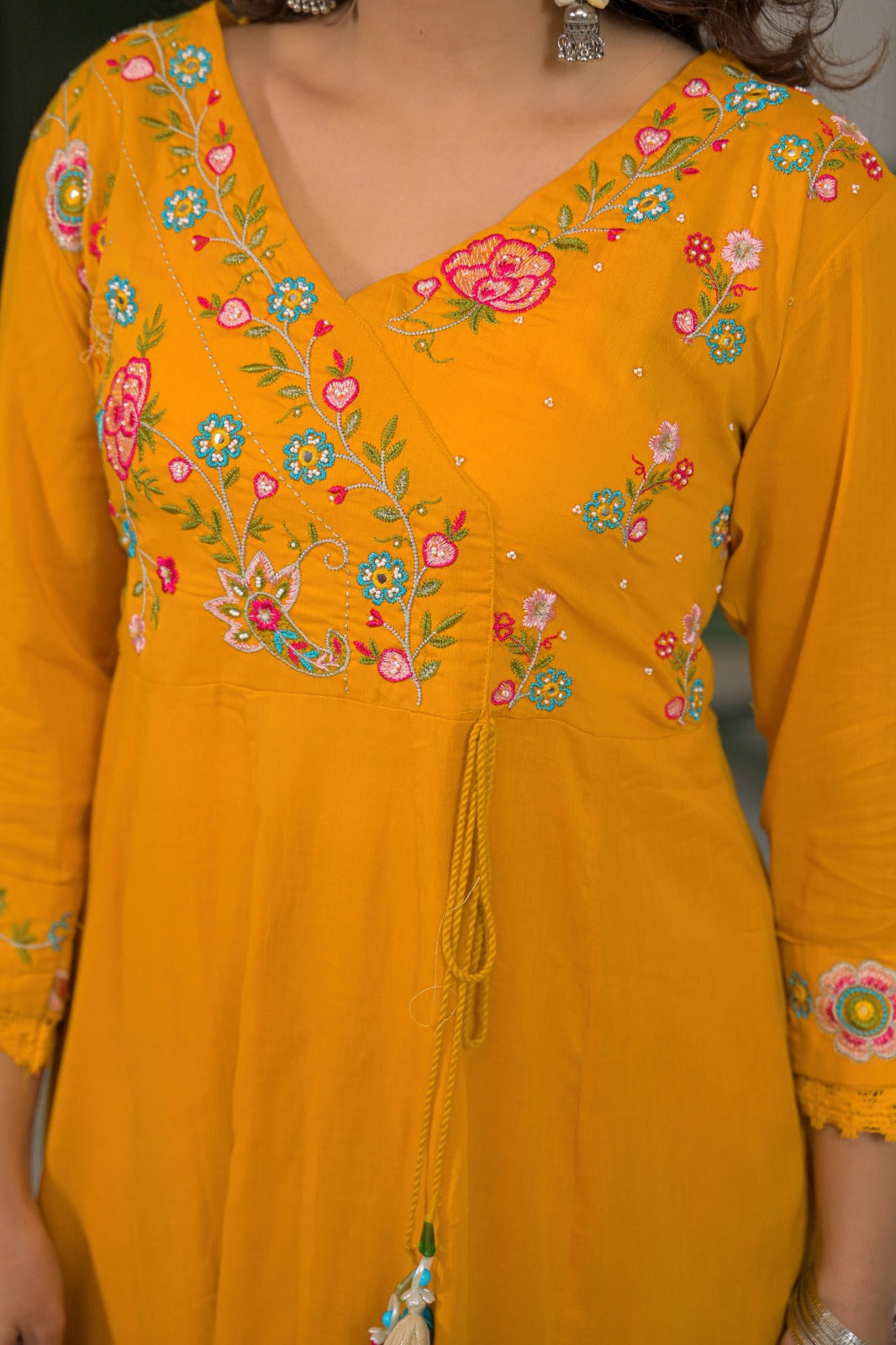 Premium Cotton Mustard Yellow Embroidered Anarkali Suit Set