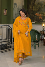 Premium Cotton Mustard Yellow Embroidered Anarkali Suit Set