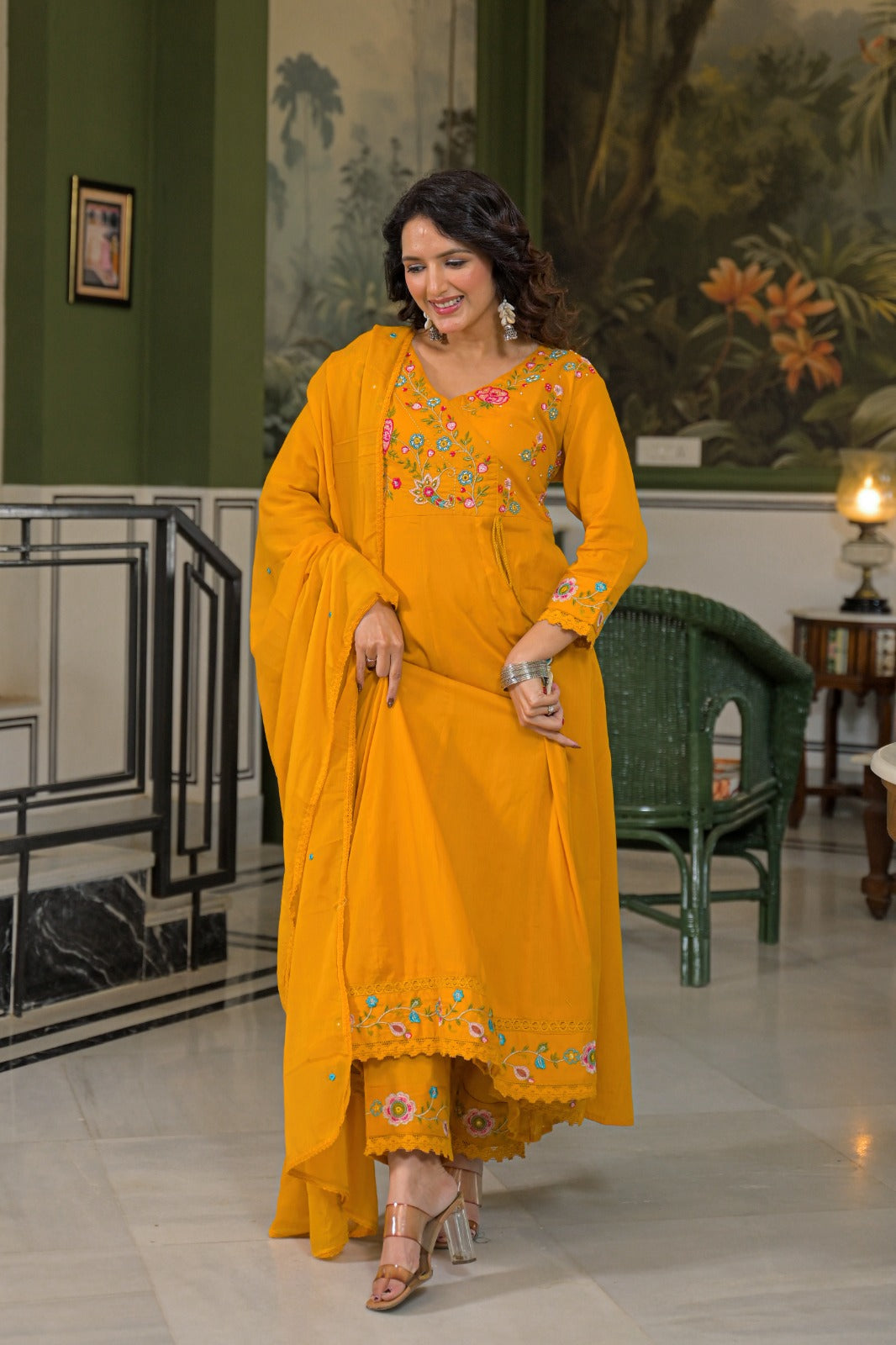 Premium Cotton Mustard Yellow Embroidered Anarkali Suit Set