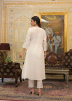 White Textured 3-Piece Cotton Suit Set with Multicolor Floral Embroidery