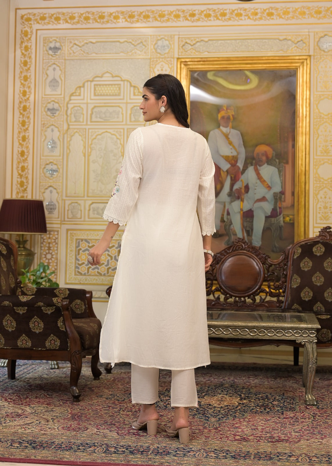 White Textured 3-Piece Cotton Suit Set with Multicolor Floral Embroidery