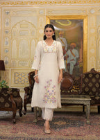 White Textured 3-Piece Cotton Suit Set with Multicolor Floral Embroidery