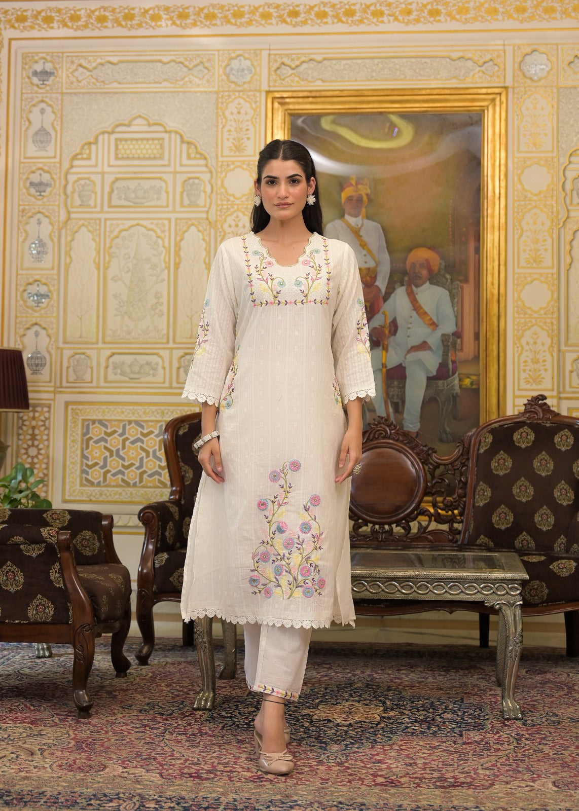 White Textured 3-Piece Cotton Suit Set with Multicolor Floral Embroidery