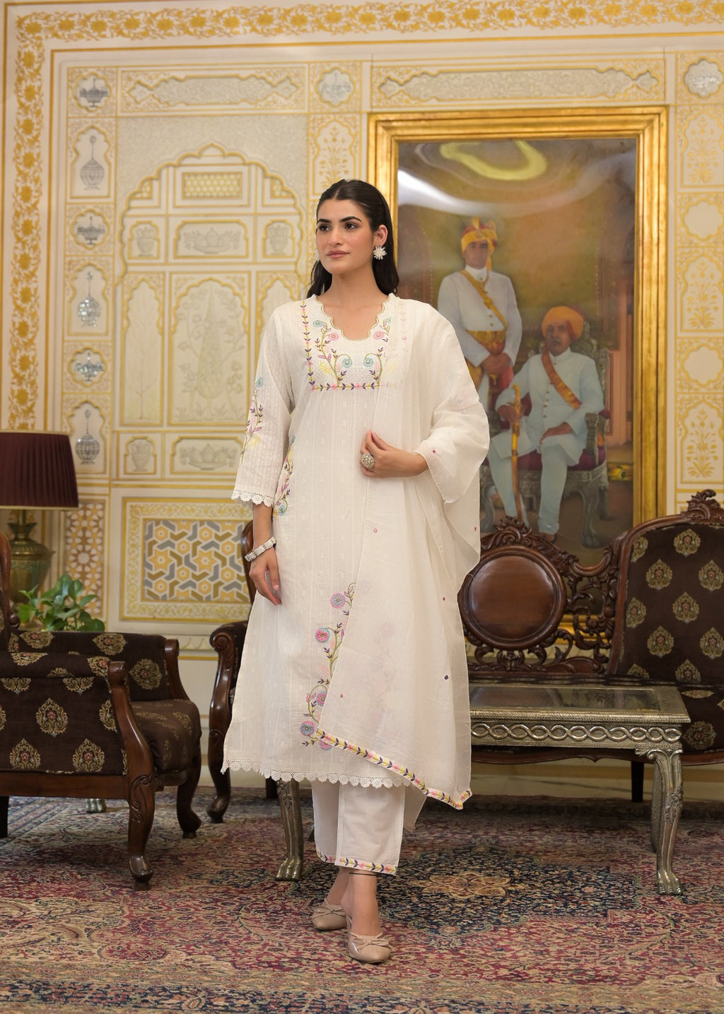 White Textured 3-Piece Cotton Suit Set with Multicolor Floral Embroidery
