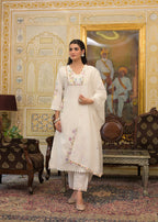 White Textured 3-Piece Cotton Suit Set with Multicolor Floral Embroidery