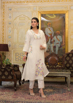 White Textured 3-Piece Cotton Suit Set with Multicolor Floral Embroidery