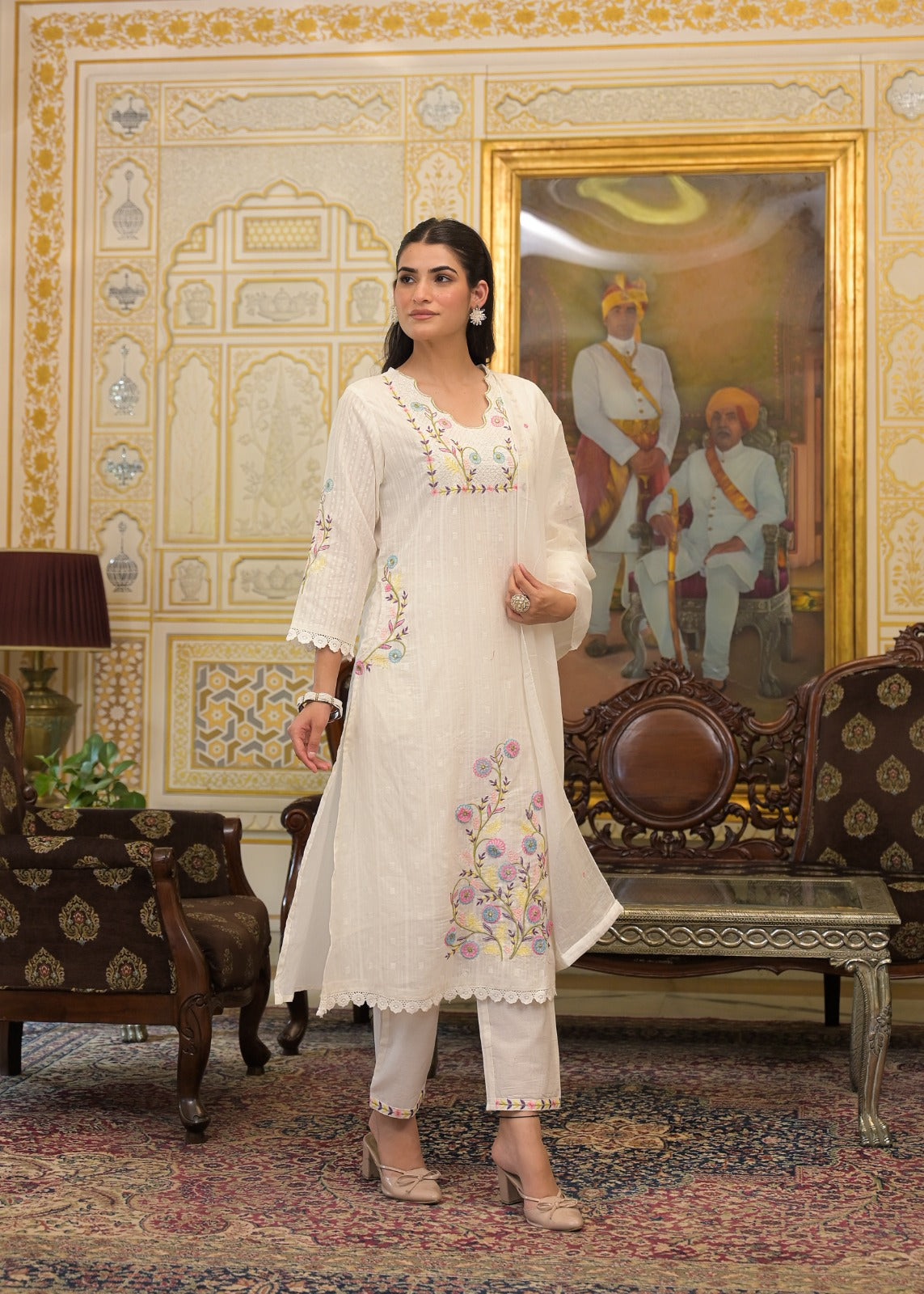 White Textured 3-Piece Cotton Suit Set with Multicolor Floral Embroidery