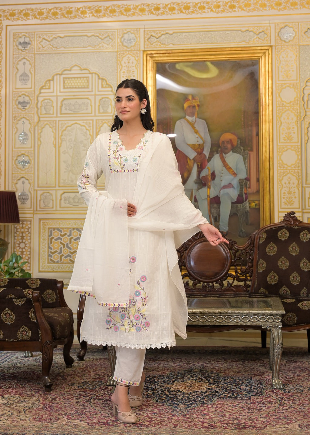 White Textured 3-Piece Cotton Suit Set with Multicolor Floral Embroidery