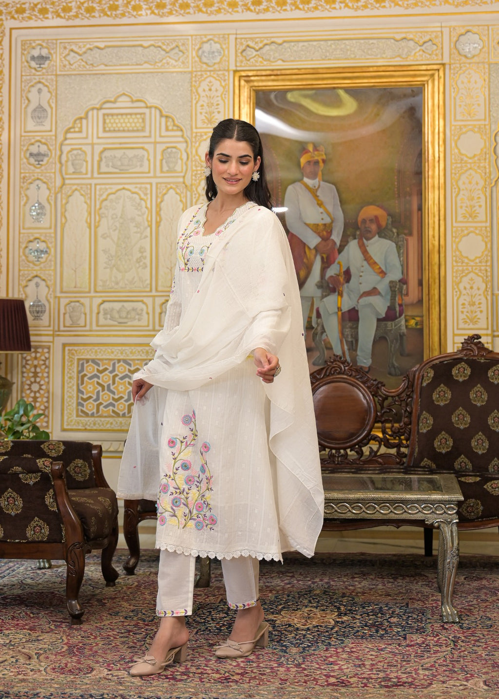 White Textured 3-Piece Cotton Suit Set with Multicolor Floral Embroidery