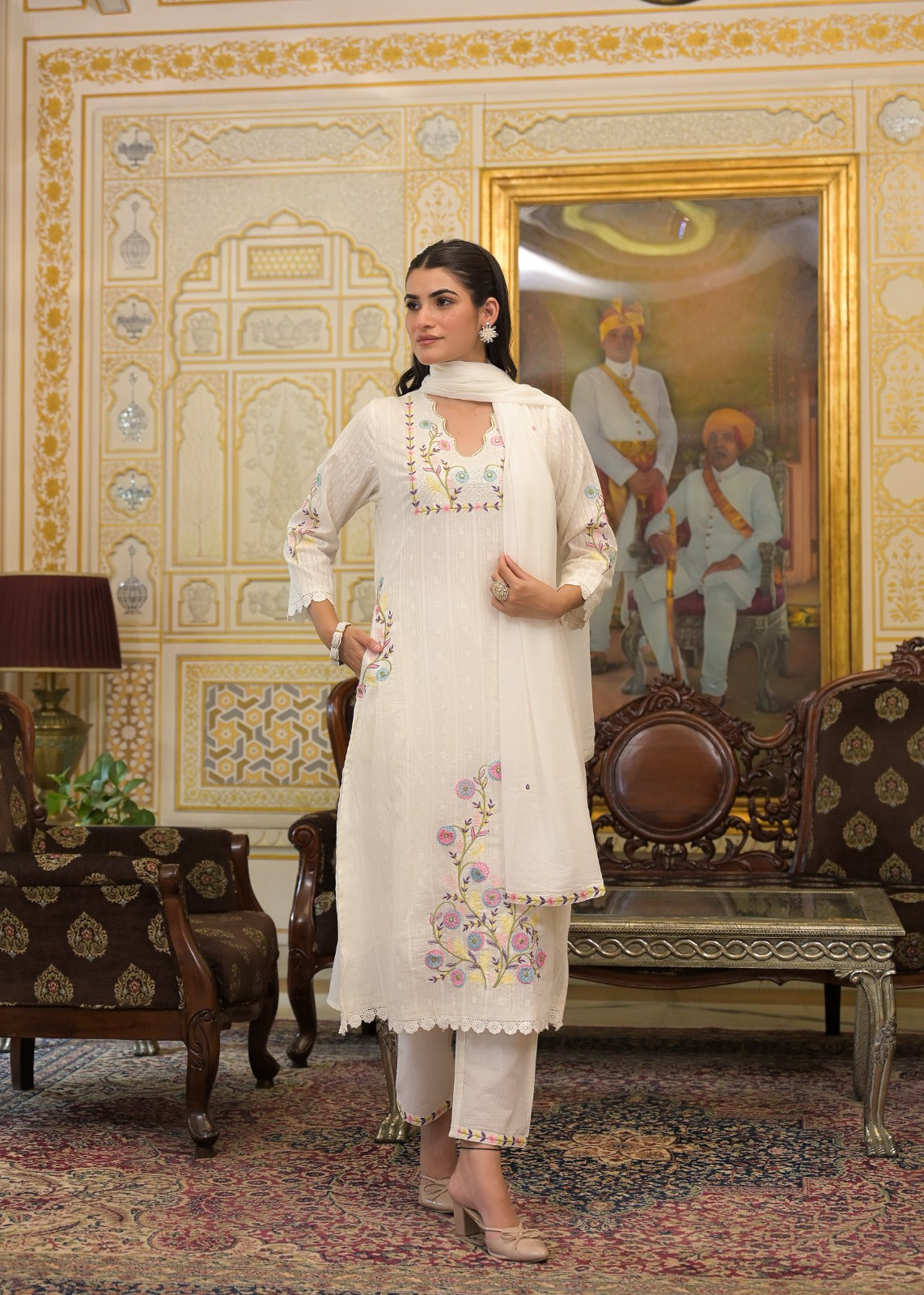 White Textured 3-Piece Cotton Suit Set with Multicolor Floral Embroidery
