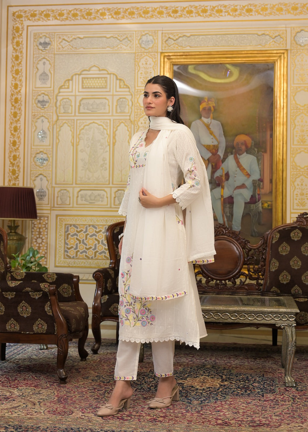 White Textured 3-Piece Cotton Suit Set with Multicolor Floral Embroidery