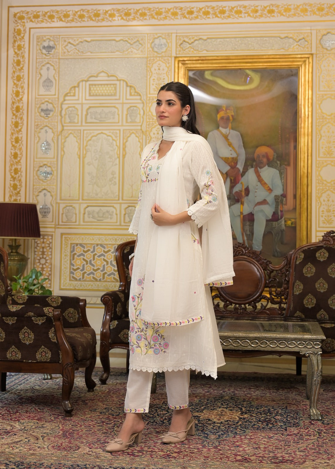 White Textured 3-Piece Cotton Suit Set with Multicolor Floral Embroidery
