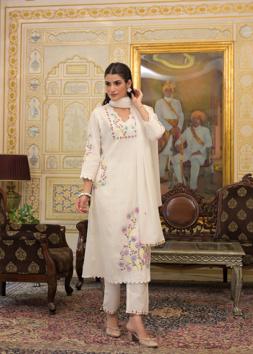White Textured 3-Piece Cotton Suit Set with Multicolor Floral Embroidery