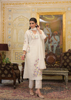 White Textured 3-Piece Cotton Suit Set with Multicolor Floral Embroidery