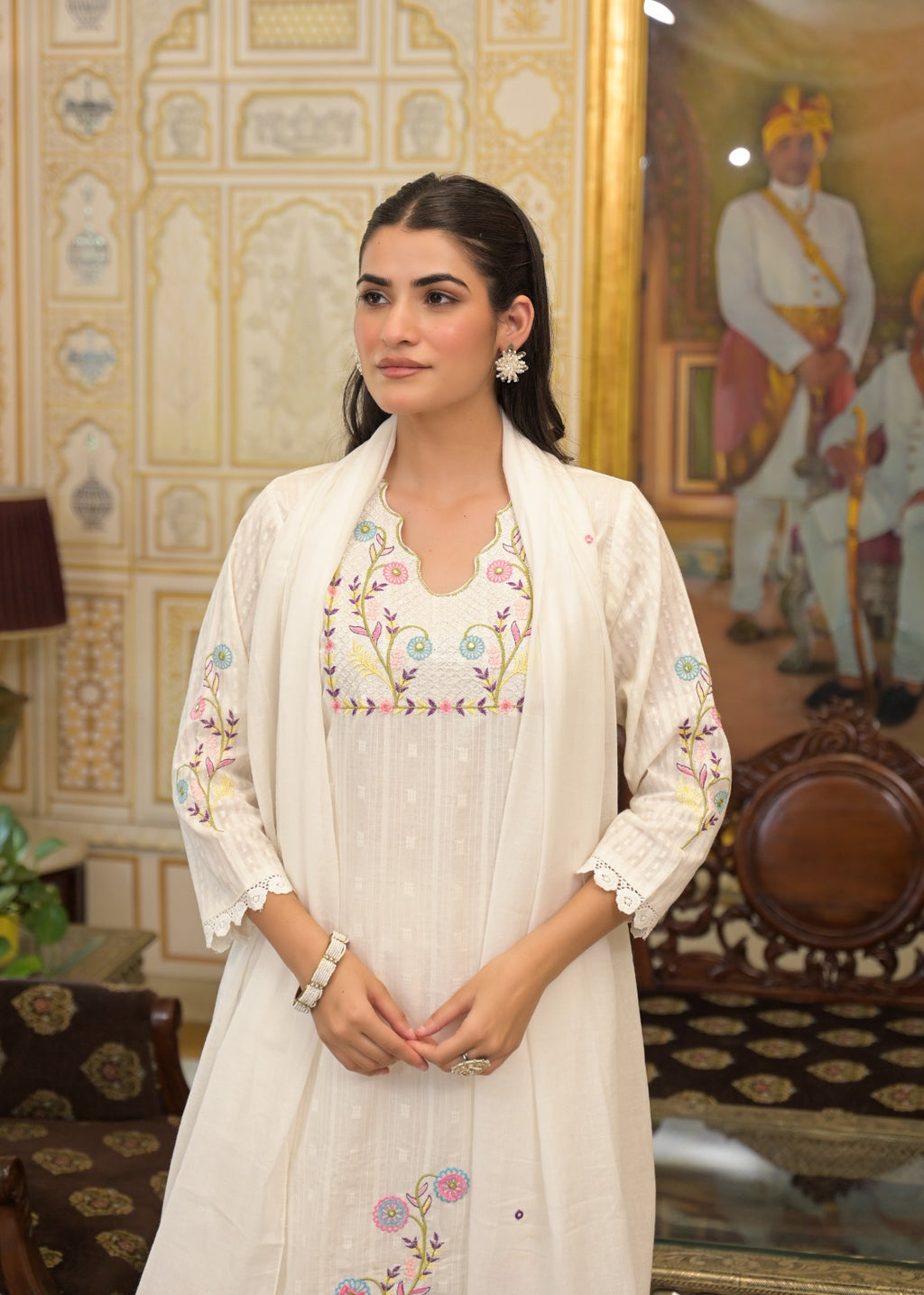 White Textured 3-Piece Cotton Suit Set with Multicolor Floral Embroidery
