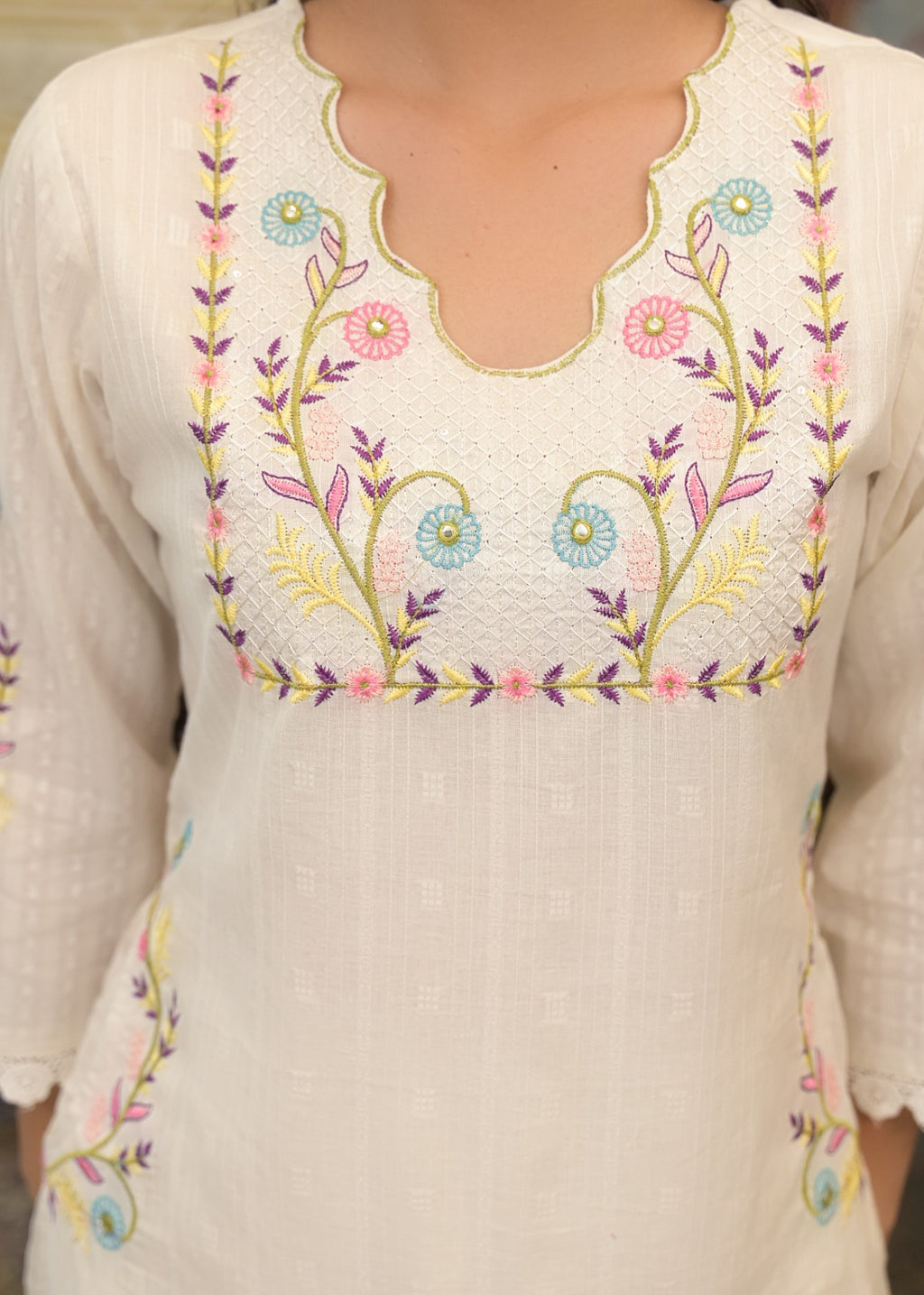 White Textured 3-Piece Cotton Suit Set with Multicolor Floral Embroidery