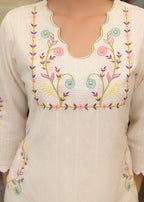 White Textured 3-Piece Cotton Suit Set with Multicolor Floral Embroidery