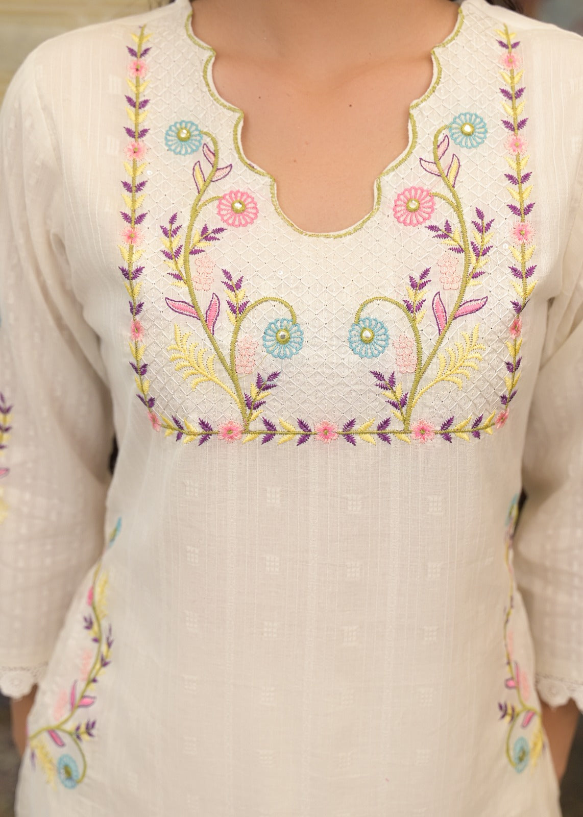 White Textured 3-Piece Cotton Suit Set with Multicolor Floral Embroidery