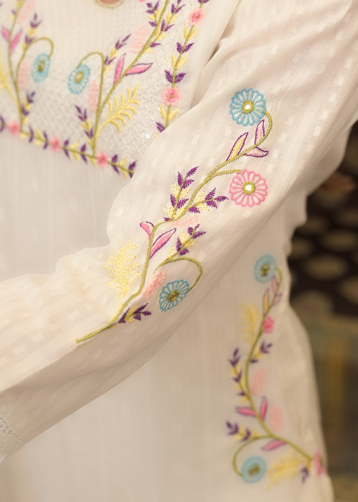White Textured 3-Piece Cotton Suit Set with Multicolor Floral Embroidery