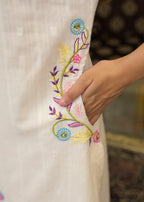 White Textured 3-Piece Cotton Suit Set with Multicolor Floral Embroidery