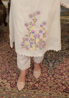 White Textured 3-Piece Cotton Suit Set with Multicolor Floral Embroidery