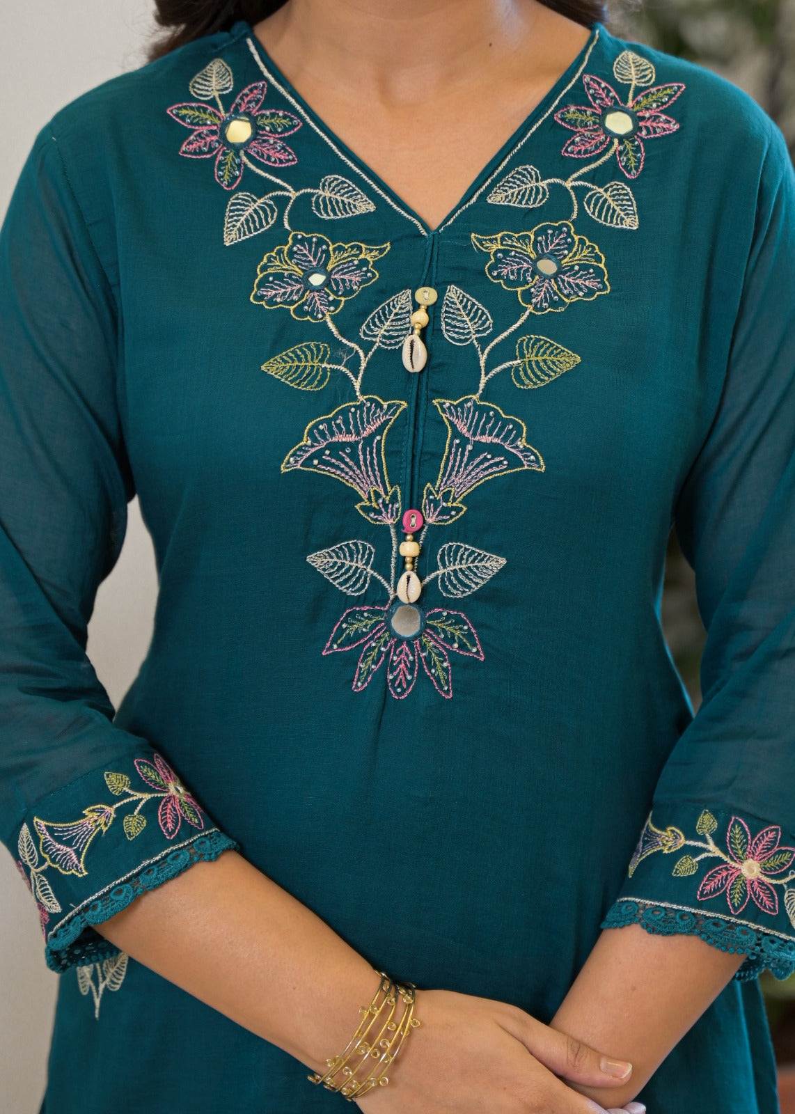 Teal Green Mul Cotton Floral Embroidered 3-Piece Suit Set with Cowrie Shell Accents