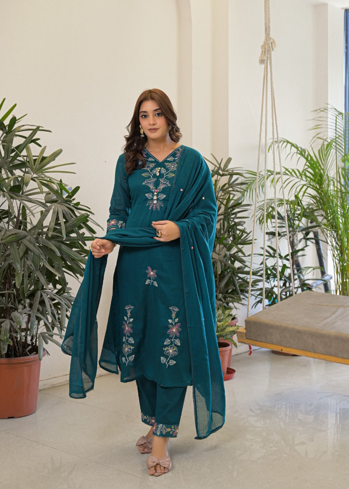 Teal Green Mul Cotton Floral Embroidered 3-Piece Suit Set with Cowrie Shell Accents