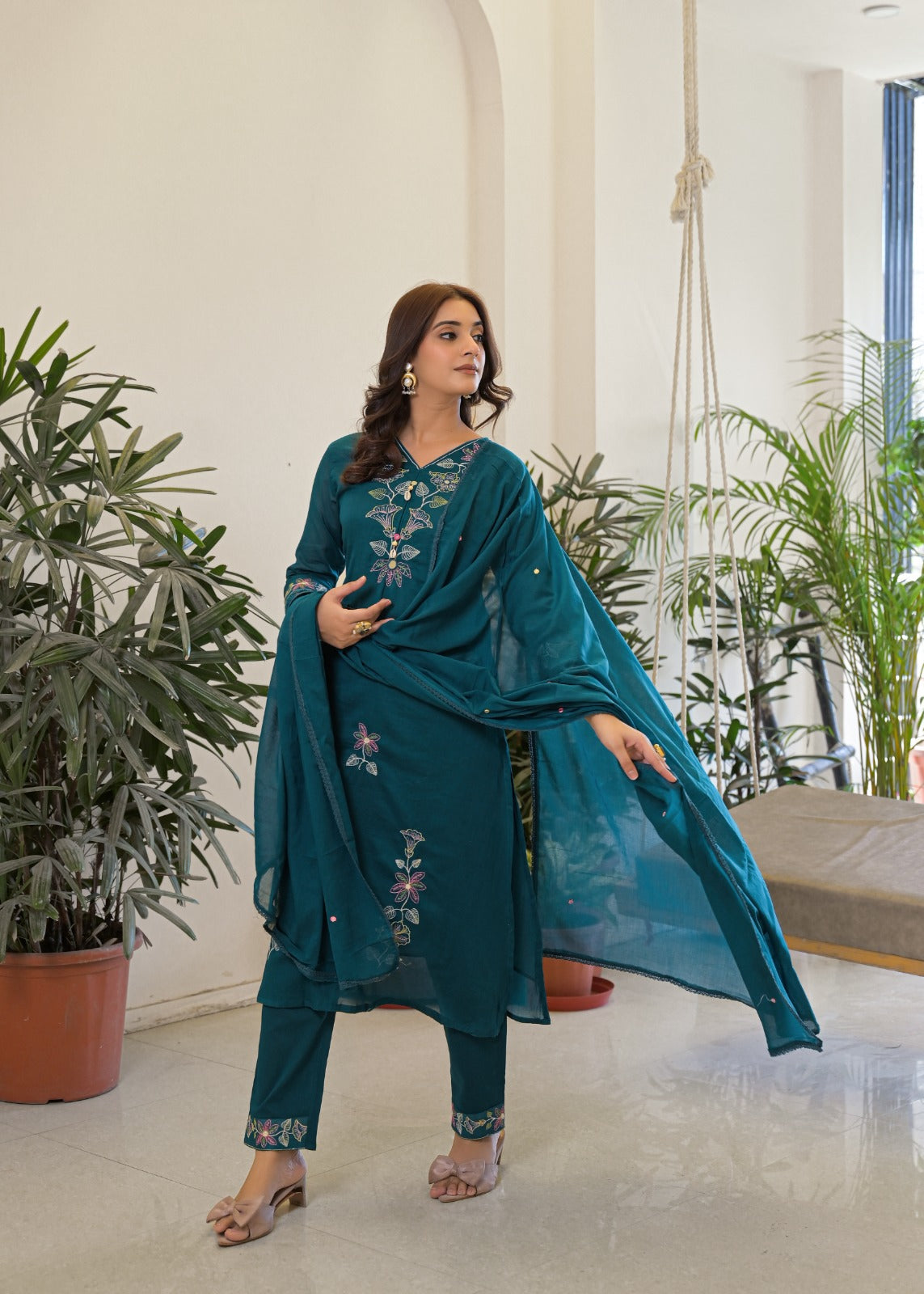 Teal Green Mul Cotton Floral Embroidered 3-Piece Suit Set with Cowrie Shell Accents