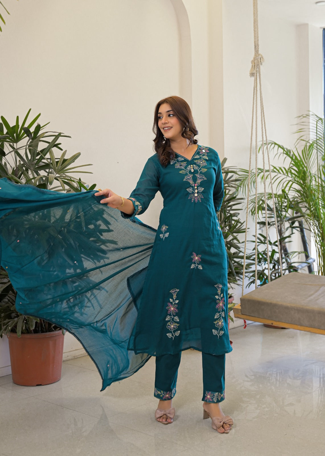 Teal Green Mul Cotton Floral Embroidered 3-Piece Suit Set with Cowrie Shell Accents