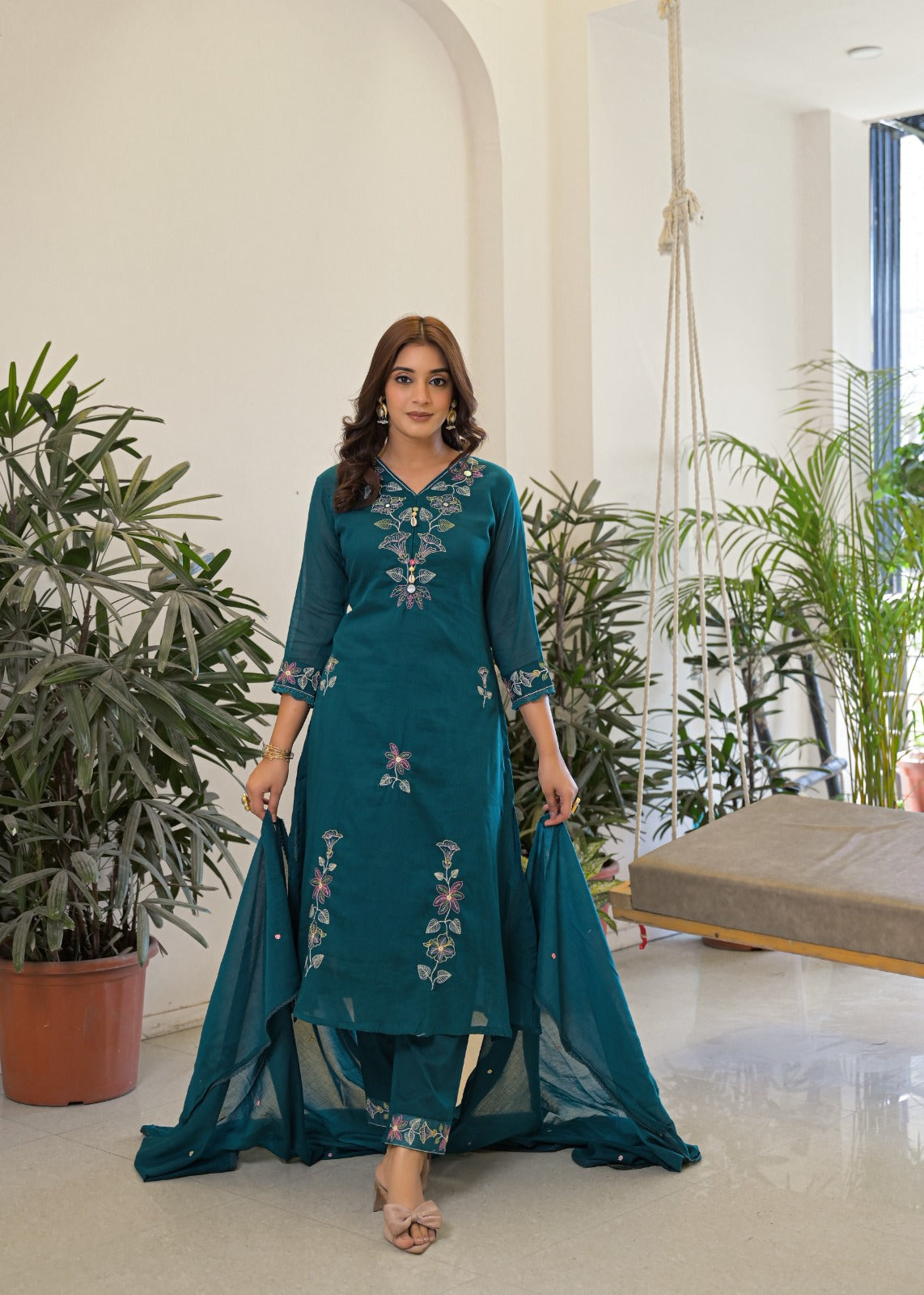 Teal Green Mul Cotton Floral Embroidered 3-Piece Suit Set with Cowrie Shell Accents