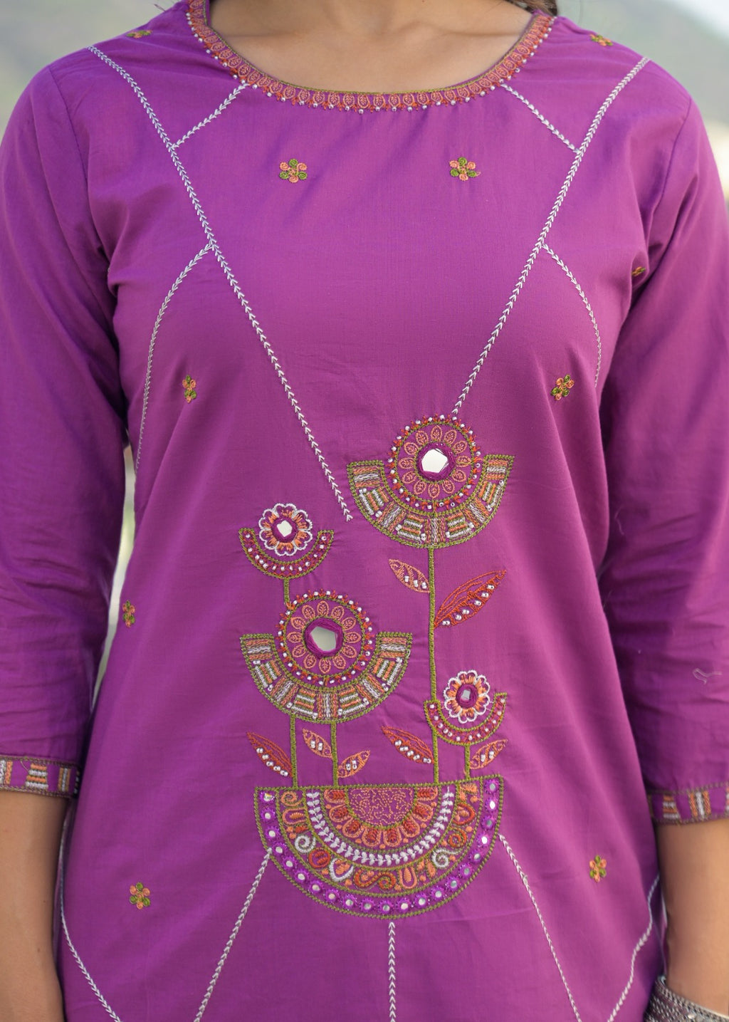 Purple Floral Motif & Mirror Work Cotton 3-Piece Suit Set with Dupatta