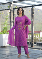 Purple Floral Motif & Mirror Work Cotton 3-Piece Suit Set with Dupatta