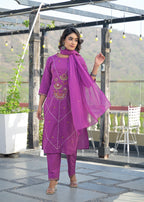 Purple Floral Motif & Mirror Work Cotton 3-Piece Suit Set with Dupatta