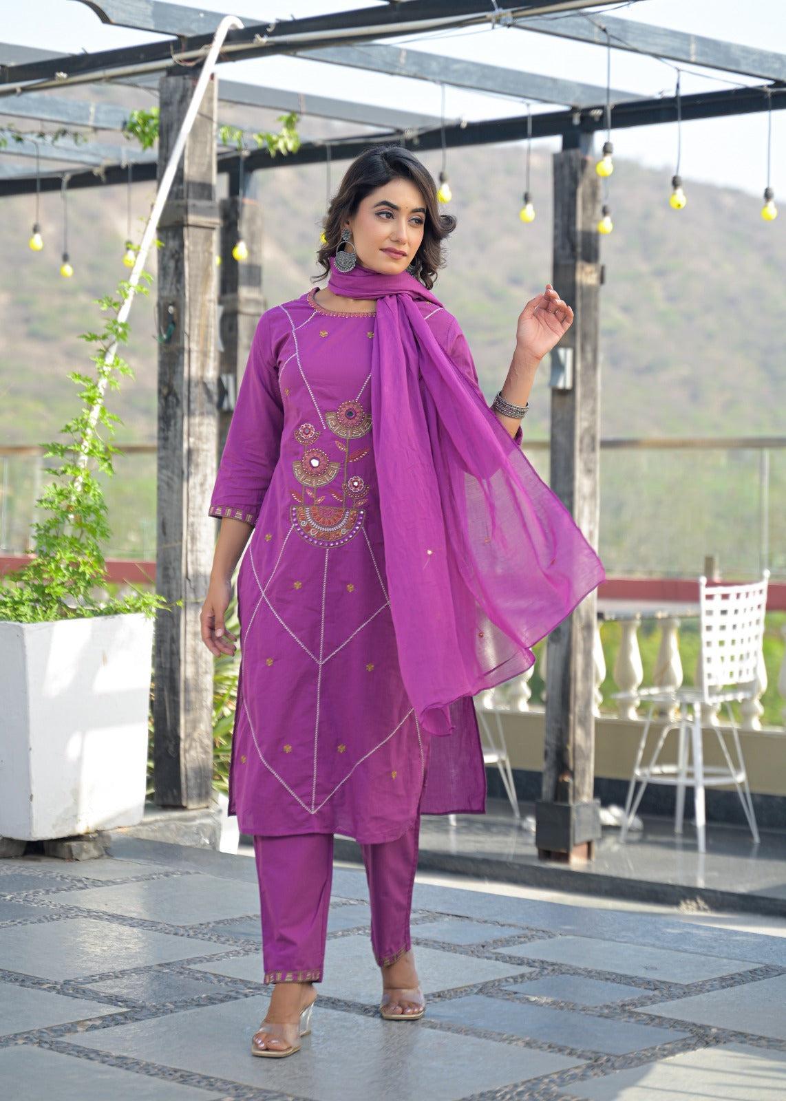 Purple Floral Motif & Mirror Work Cotton 3-Piece Suit Set with Dupatta