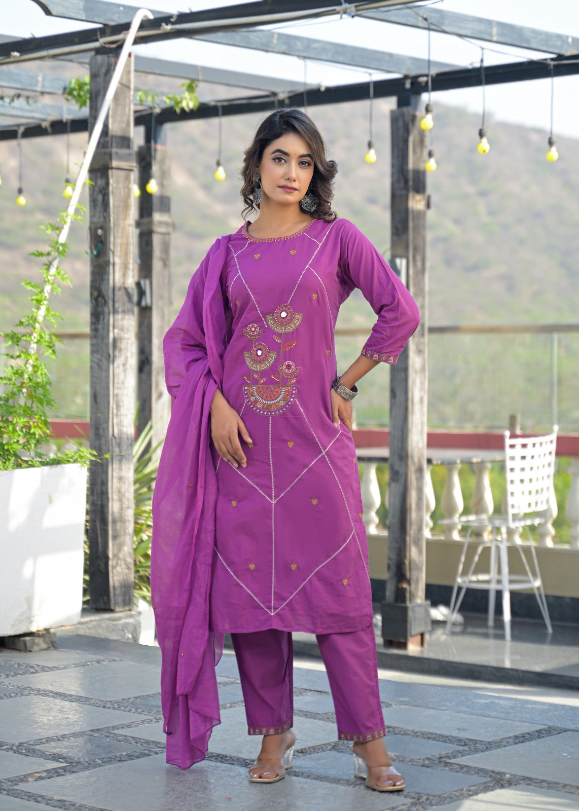 Purple Floral Motif & Mirror Work Cotton 3-Piece Suit Set with Dupatta