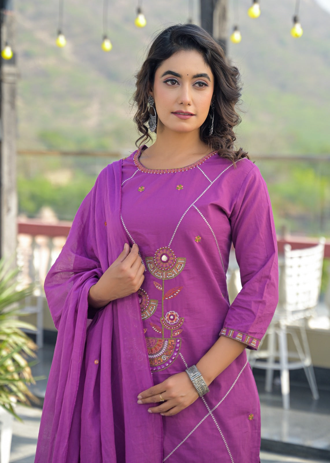 Purple Floral Motif & Mirror Work Cotton 3-Piece Suit Set with Dupatta