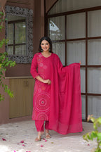 Rani Pink Circular Threadwork Cotton 3-Piece Suit Set with Dupatta