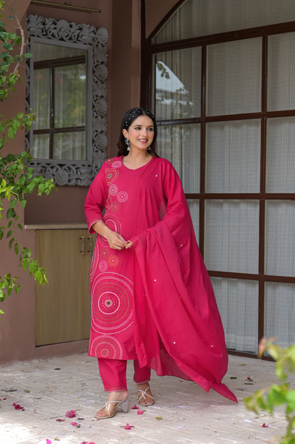 Rani Pink Circular Threadwork Cotton 3-Piece Suit Set with Dupatta