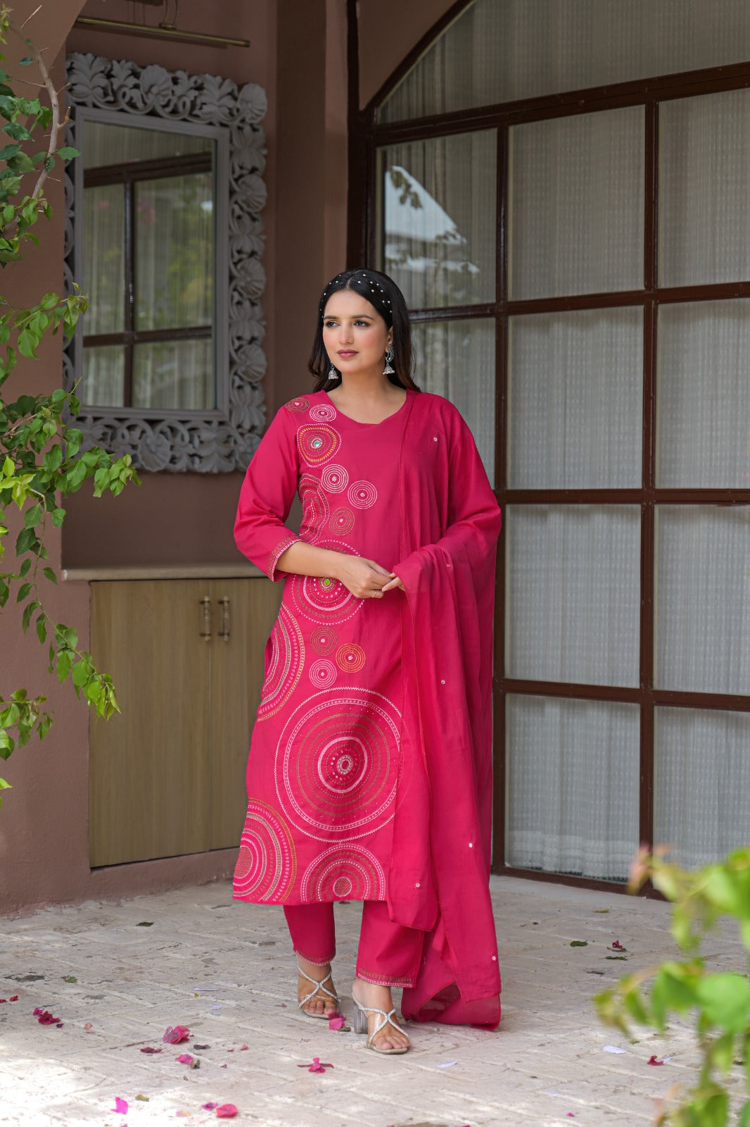 Rani Pink Circular Threadwork Cotton 3-Piece Suit Set with Dupatta