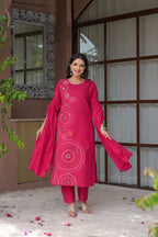 Rani Pink Circular Threadwork Cotton 3-Piece Suit Set with Dupatta